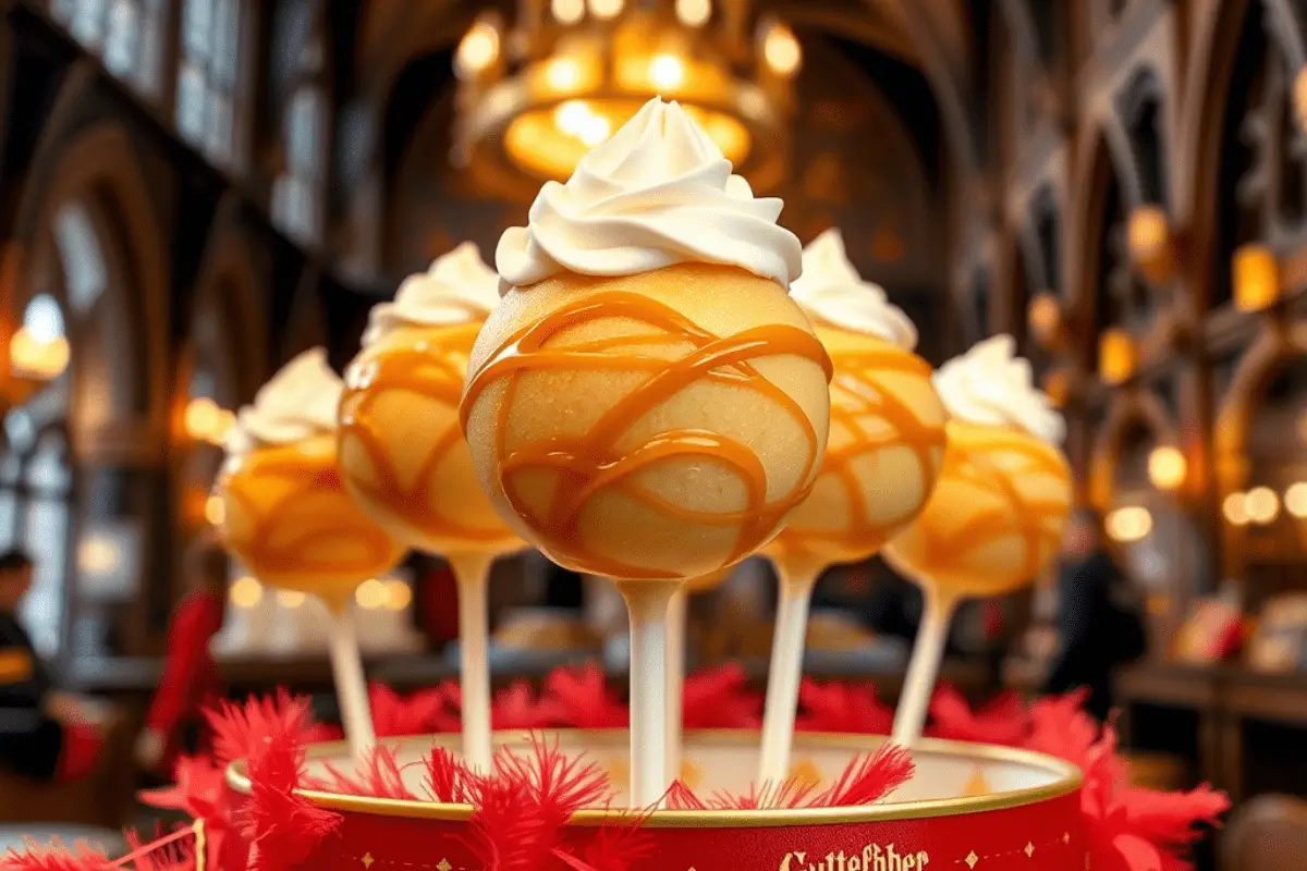 Butterbeer cheesecake pops coated in golden butterscotch, decorated with caramel swirls and topped with whipped cream, elegantly arranged on a Gryffindor-themed dessert stand.