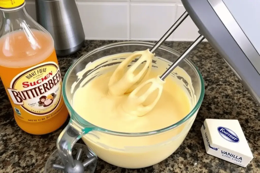 Smooth butterbeer cheesecake filling being mixed in a bowl, with butterbeer, cream cheese, and a vanilla pod in the background.