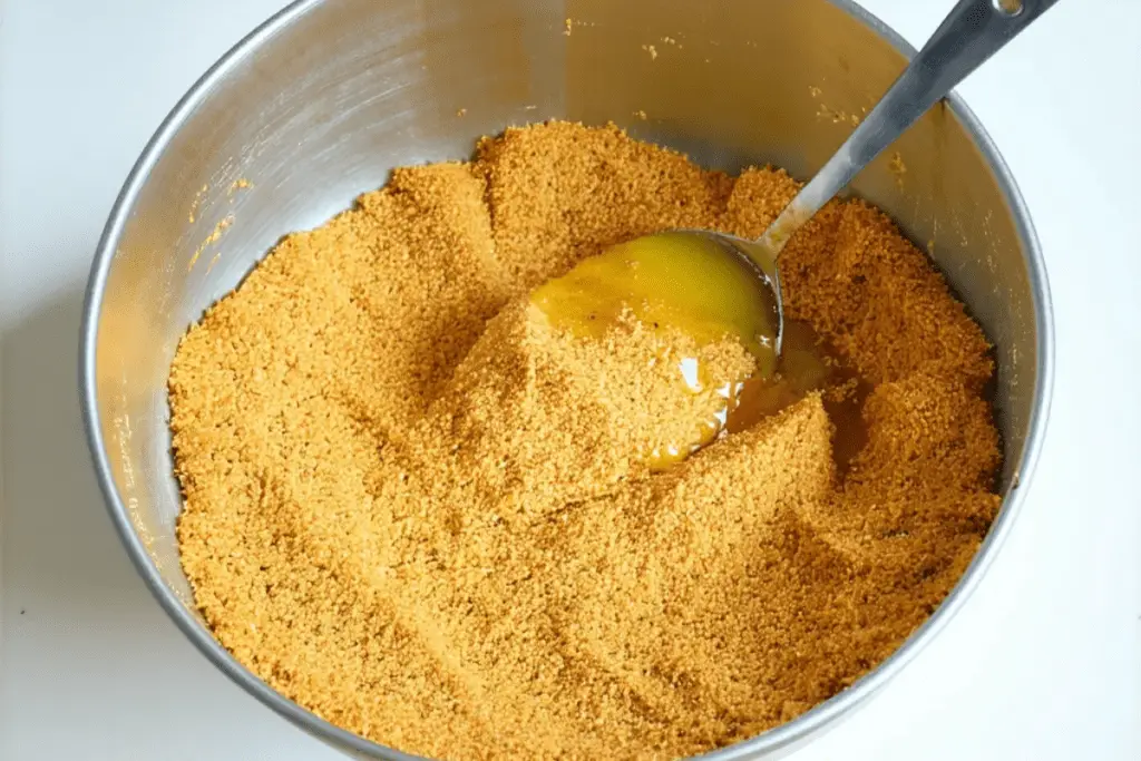 Buttery graham cracker crumbs being mixed and pressed into a pan, forming the crisp base for a Ravenclaw butterbeer cheesecake.