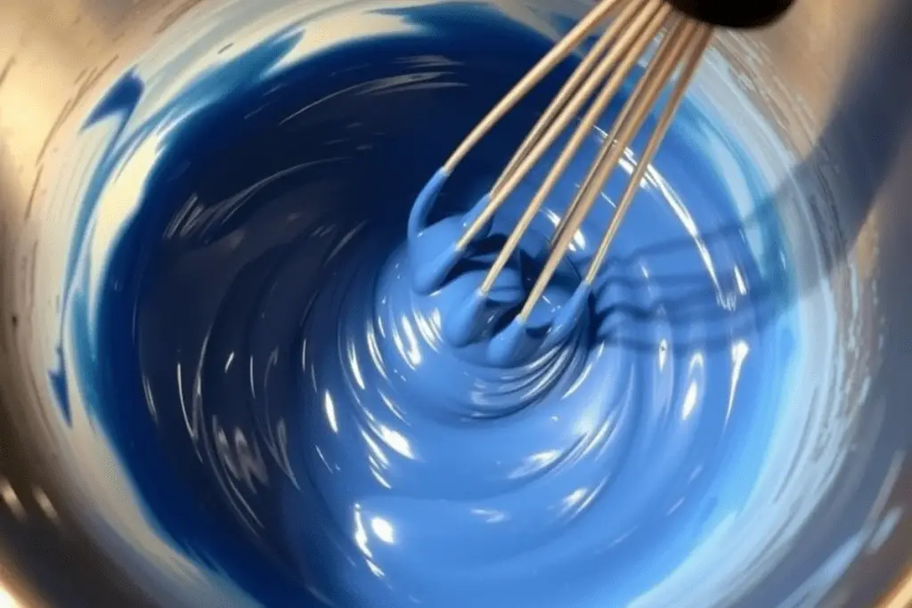 Smooth and vibrant blue velvet topping being prepared, creating a luxurious finish for Ravenclaw’s butterbeer cheesecake.