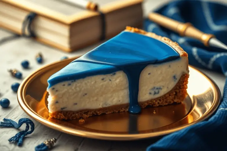 Smooth and vibrant blue velvet topping being prepared, creating a luxurious finish for Ravenclaw’s butterbeer cheesecake.