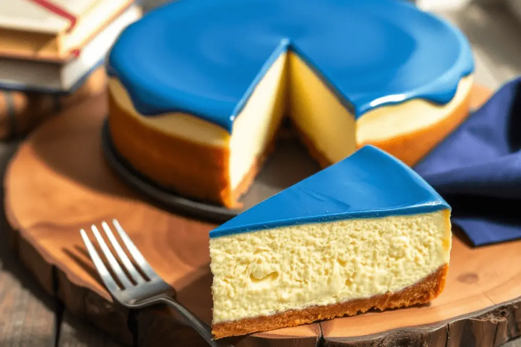 Smooth and vibrant blue velvet topping being prepared, creating a luxurious finish for Ravenclaw’s butterbeer cheesecake.