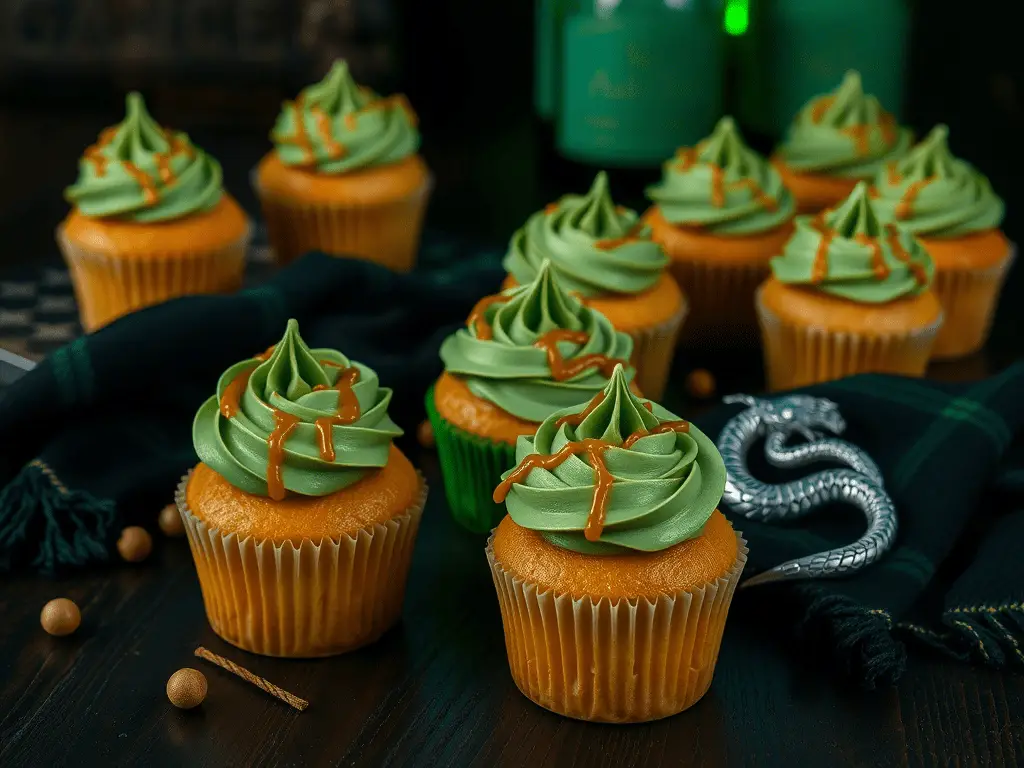 Slytherin Butterbeer Cupcakes with green frosting and caramel drizzle on a wooden table with Slytherin-themed decor.