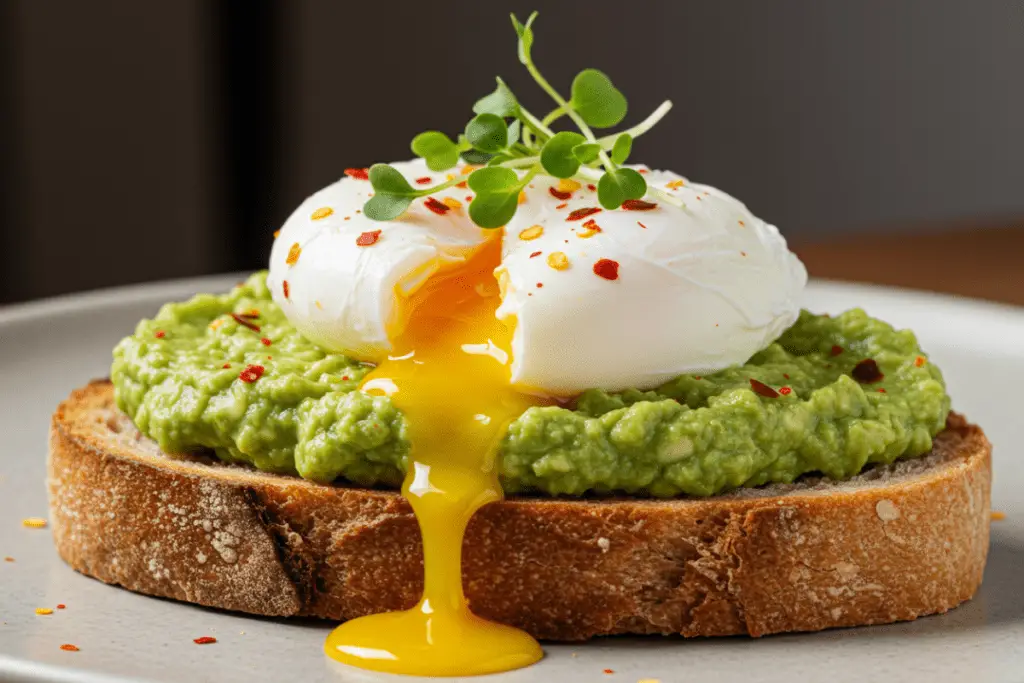 A slice of avocado toast with a poached egg, topped with red pepper flakes and cilantro, served with a side of mixed greens.