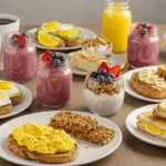 A colorful breakfast spread featuring ten easy breakfast ideas, including avocado toast, yogurt parfaits, overnight oats, smoothies, and more, set on a rustic wooden table with fresh fruit and coffee.