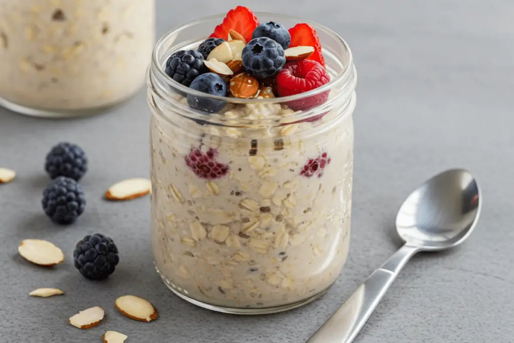 A mason jar filled with overnight oats and fresh fruit, ready to be refrigerated for a quick, healthy breakfast.