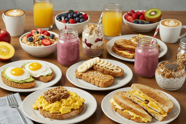 A colorful breakfast spread featuring ten easy breakfast ideas, including avocado toast, yogurt parfaits, overnight oats, smoothies, and more, set on a rustic wooden table with fresh fruit and coffee.