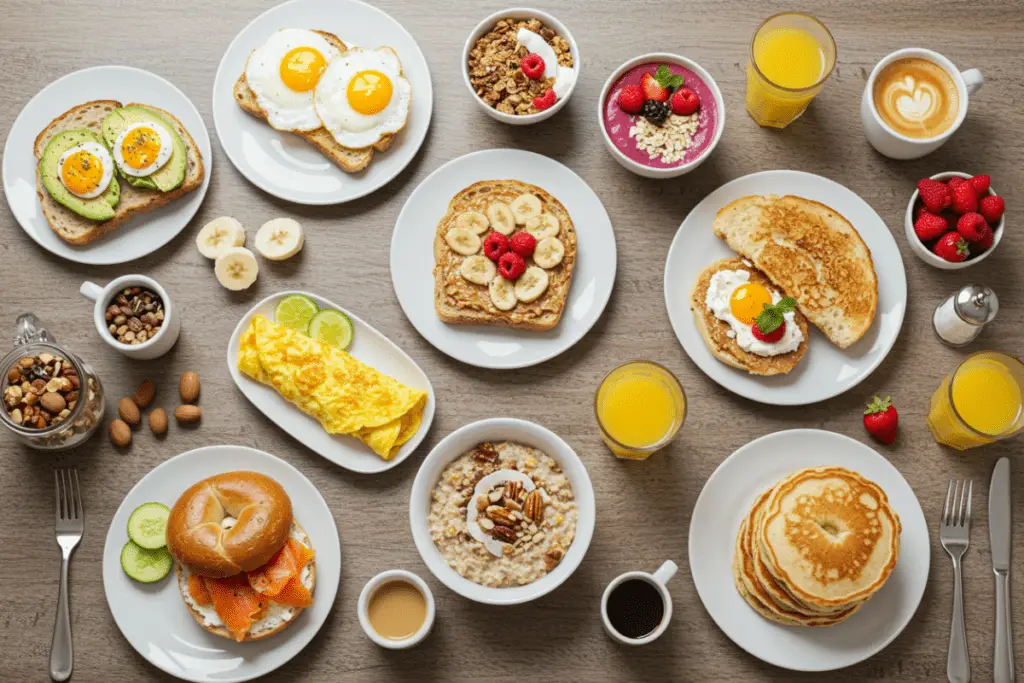 A colorful breakfast spread featuring ten easy breakfast ideas, including avocado toast, yogurt parfaits, overnight oats, smoothies, and more, set on a rustic wooden table with fresh fruit and coffee.