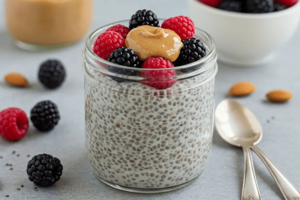 A jar of chia pudding topped with kiwi, coconut flakes, and almonds, offering a nutritious, make-ahead breakfast option.