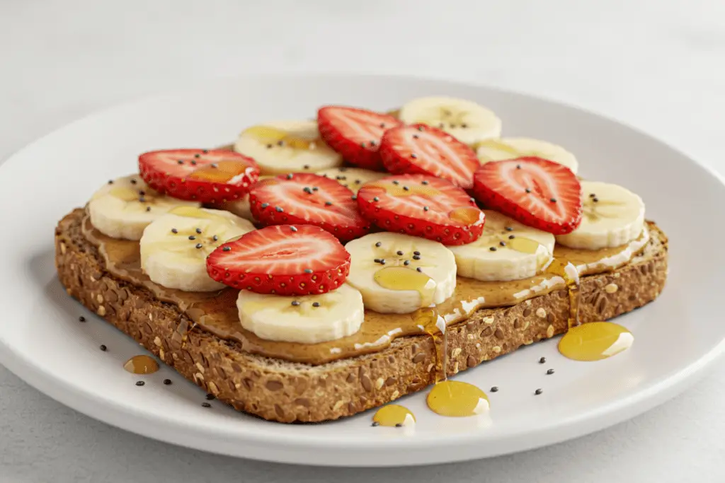 Whole-grain toast with peanut butter, banana slices, and honey, creating a quick and satisfying breakfast.