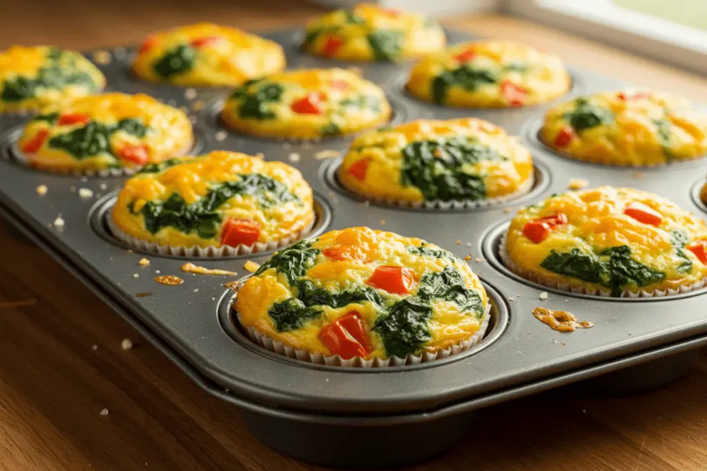 Baked egg muffins with spinach, cheese, and tomatoes, perfect for meal prepping and a quick breakfast on busy mornings.