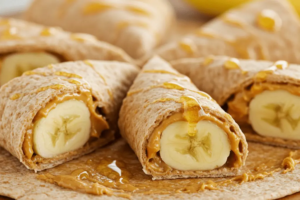 A whole wheat tortilla spread with peanut butter, rolled around a whole banana, and sliced into bite-sized pieces. A drizzle of honey adds extra sweetness.