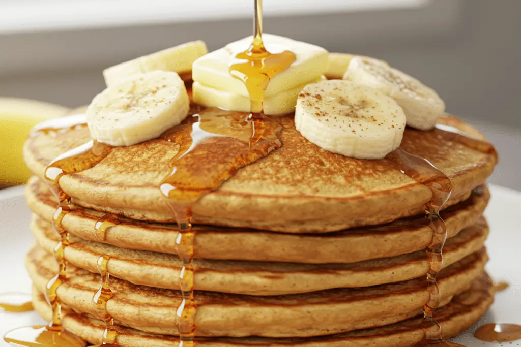 Fluffy banana oatmeal pancakes topped with fresh fruit and maple syrup, a healthy and filling breakfast option.