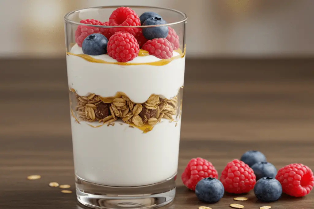 A delicious Greek yogurt parfait layered with granola, fresh berries, and a drizzle of honey, perfect for a quick and healthy breakfast.