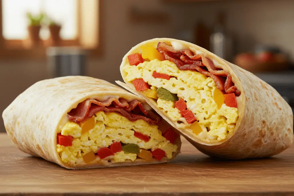 A quick breakfast burrito filled with scrambled eggs, avocado, and cheese, perfect for a portable and filling morning meal.