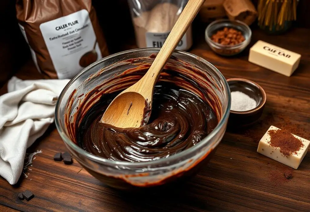 Dark chocolate cookie dough mixed with black treacle and brown sugar, creating a rich and glossy texture for baking.