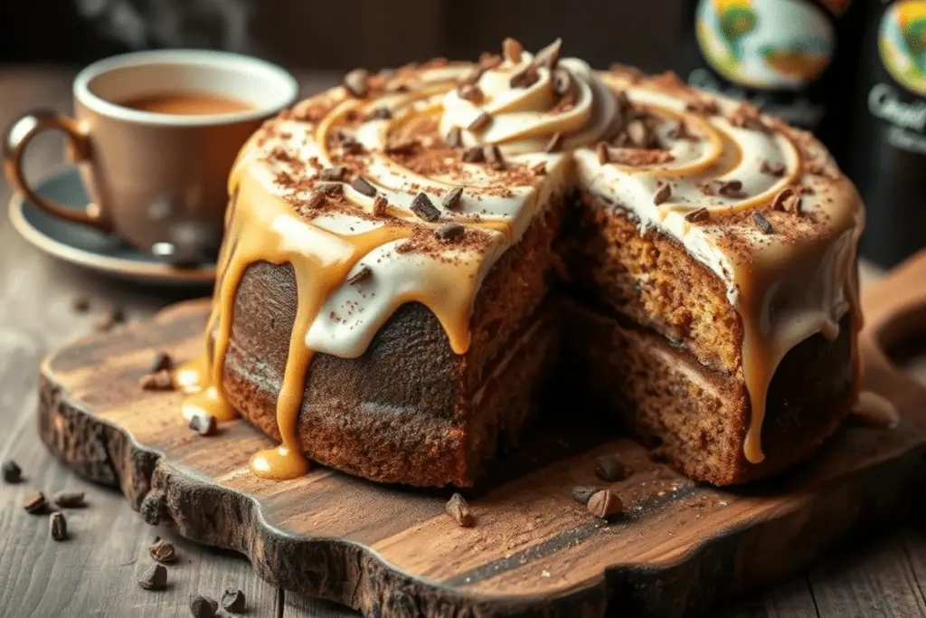 Moist Baileys & coffee cake with creamy Baileys frosting, dusted with cocoa powder and topped with chocolate shavings. Drizzled with Baileys glaze and served with coffee in a warm, rustic setting.