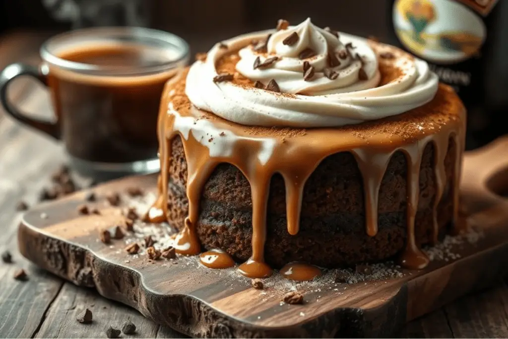 Moist Baileys & coffee cake with creamy Baileys frosting, dusted with cocoa powder and topped with chocolate shavings. Drizzled with Baileys glaze and served with coffee in a warm, rustic setting.