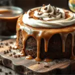 Moist Baileys & coffee cake with creamy Baileys frosting, dusted with cocoa powder and topped with chocolate shavings. Drizzled with Baileys glaze and served with coffee in a warm, rustic setting.