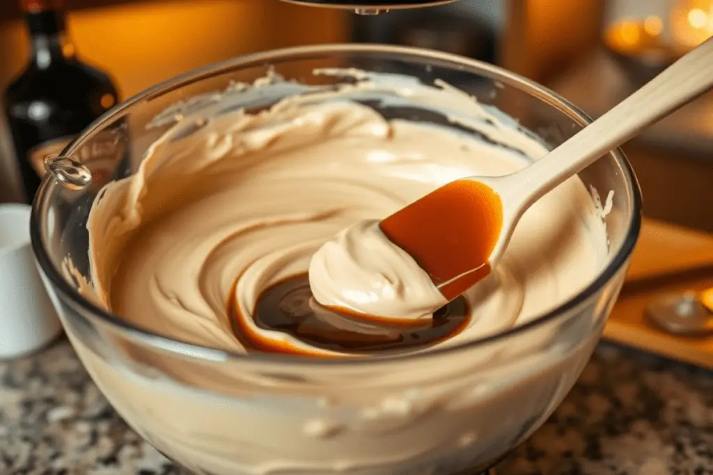 A bowl of cake batter being mixed with Baileys Irish Cream and coffee, creating a smooth and creamy texture.