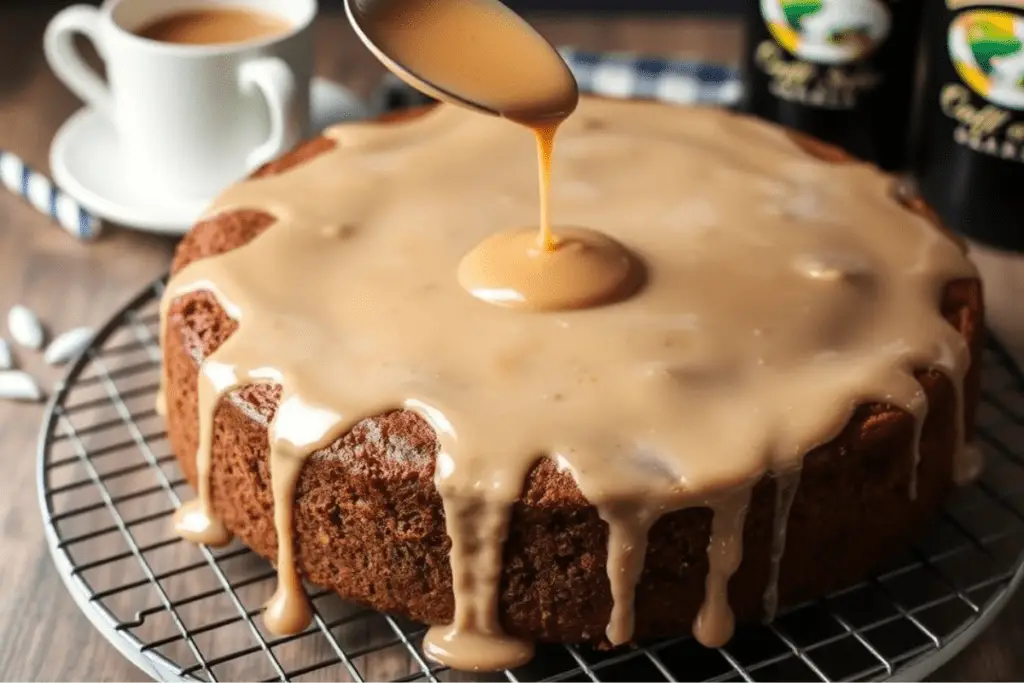 A warm Baileys coffee cake being drizzled with a thick Baileys glaze, creating a rich and decadent finish.