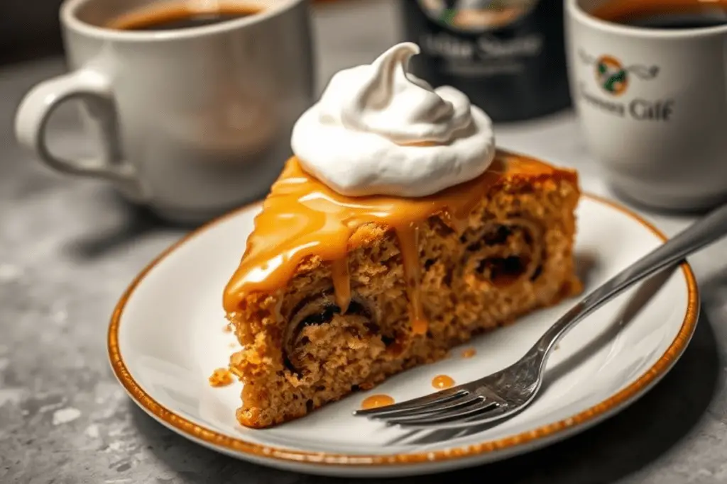 A slice of Baileys coffee cake on a plate, showcasing moist layers, cinnamon swirls, and a rich Baileys glaze, served with a cup of coffee.