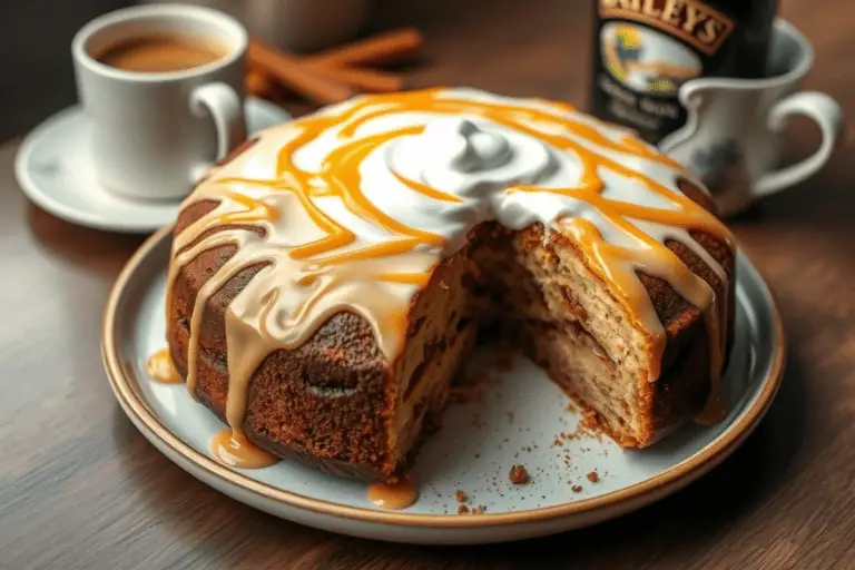 Moist Baileys & coffee cake infused with coffee and Baileys Irish Cream, topped with Baileys frosting, cocoa powder, and chocolate shavings. Served with a slice cut, alongside coffee in a cozy café-style