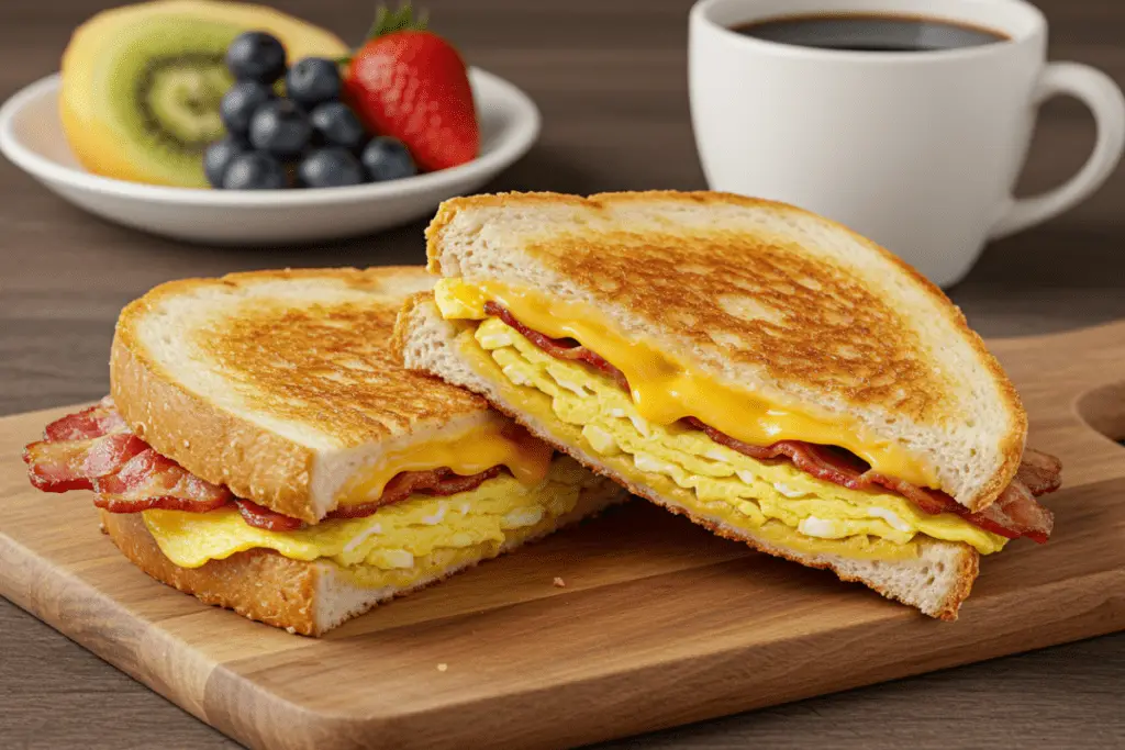 Golden-brown breakfast grilled cheese with melted cheese, scrambled eggs, and crispy bacon, served on a wooden board with fresh fruit and coffee in a cozy morning setting