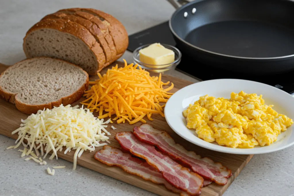 A kitchen counter with bread, cheese, eggs, bacon, and butter, prepped for making the perfect breakfast grilled cheese.