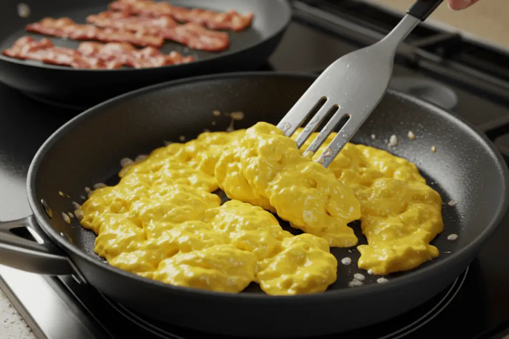 A frying pan with scrambled eggs cooking to fluffy perfection, while crispy bacon sizzles beside them.