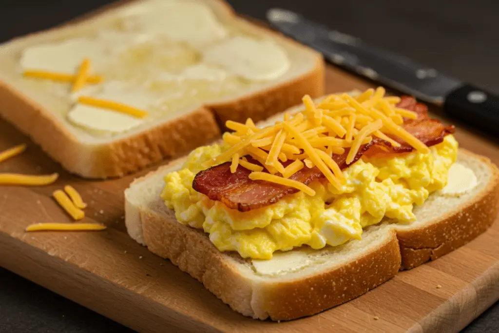 A sandwich being assembled with scrambled eggs, crispy bacon, and melted cheese between two slices of buttered bread.