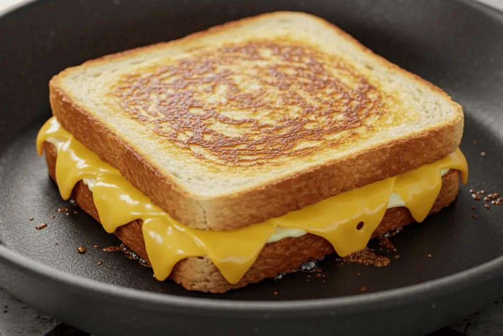 A golden brown grilled cheese sandwich sizzling in a pan, with gooey cheese melting between the crispy slices.