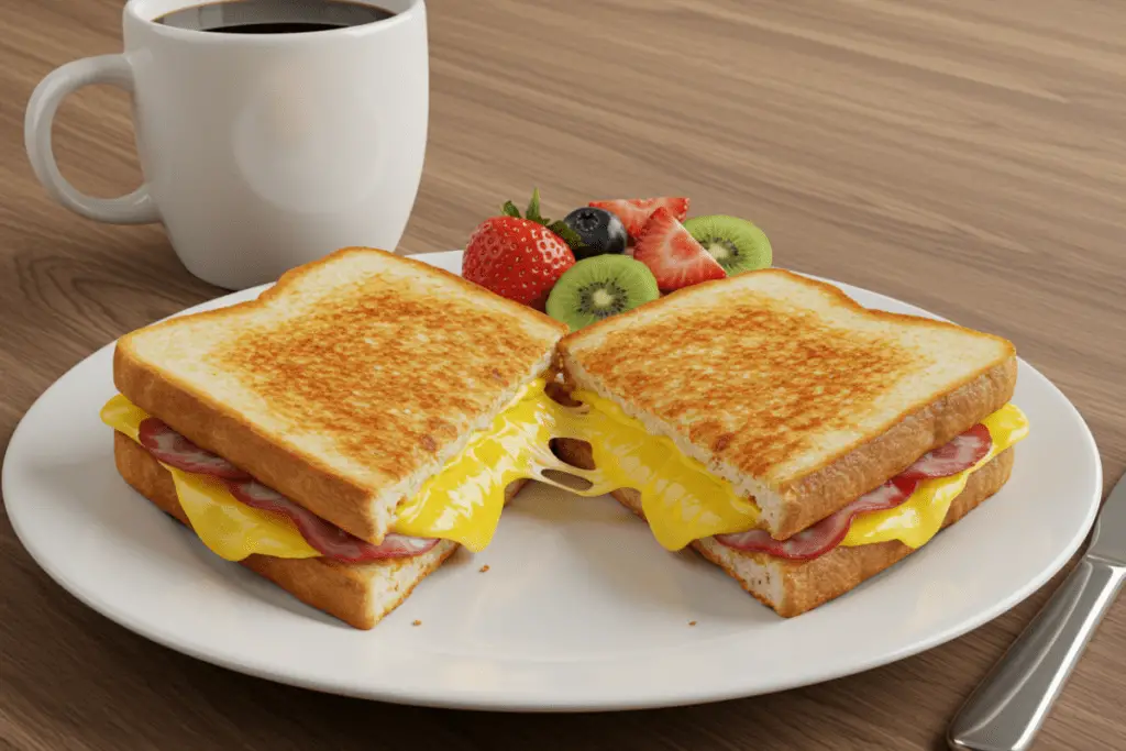 Golden-brown breakfast grilled cheese with melted cheese, scrambled eggs, and crispy bacon, served on a wooden board with fresh fruit and coffee in a cozy morning setting