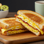 Golden-brown breakfast grilled cheese with melted cheese, scrambled eggs, and crispy bacon, served on a wooden board with fresh fruit and coffee in a cozy morning setting