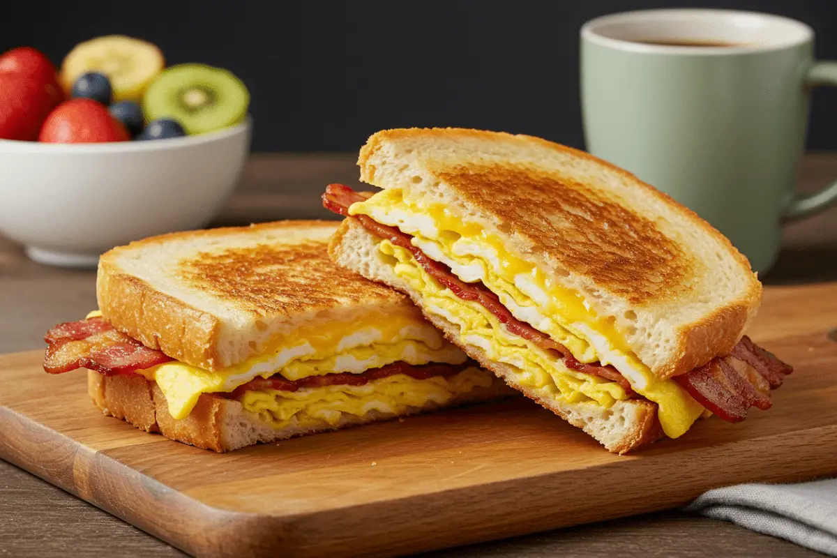 Golden-brown breakfast grilled cheese with melted cheese, scrambled eggs, and crispy bacon, served on a wooden board with fresh fruit and coffee in a cozy morning setting