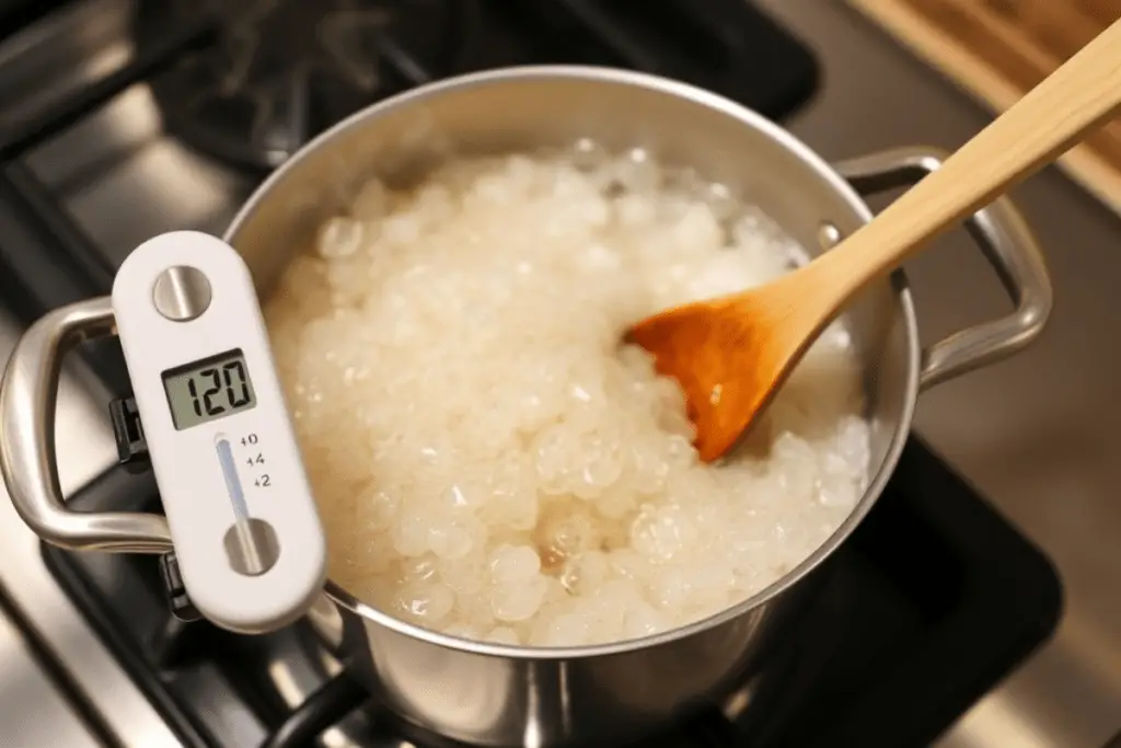 A saucepan with boiling sugar syrup on a stovetop, monitored with a candy thermometer to reach the right temperature for making rock candy.

