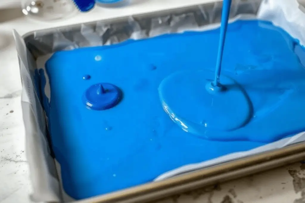 Bright blue food coloring being stirred into molten sugar syrup before pouring it onto a baking sheet to harden into rock candy.