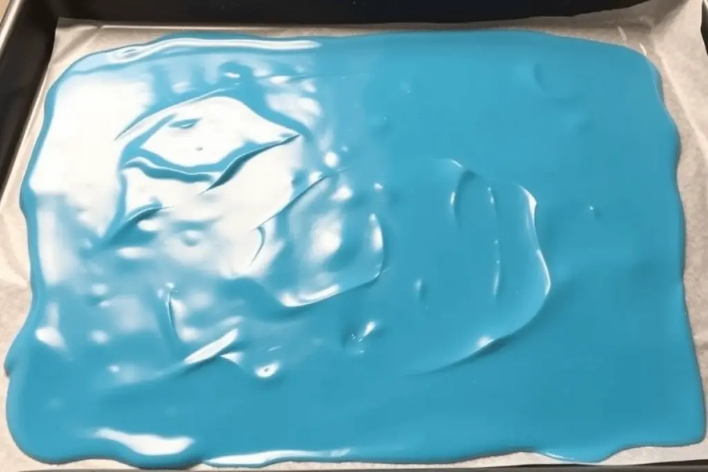 A large sheet of hardened blue rock candy resting on a baking sheet, cooling before being broken into clusters.