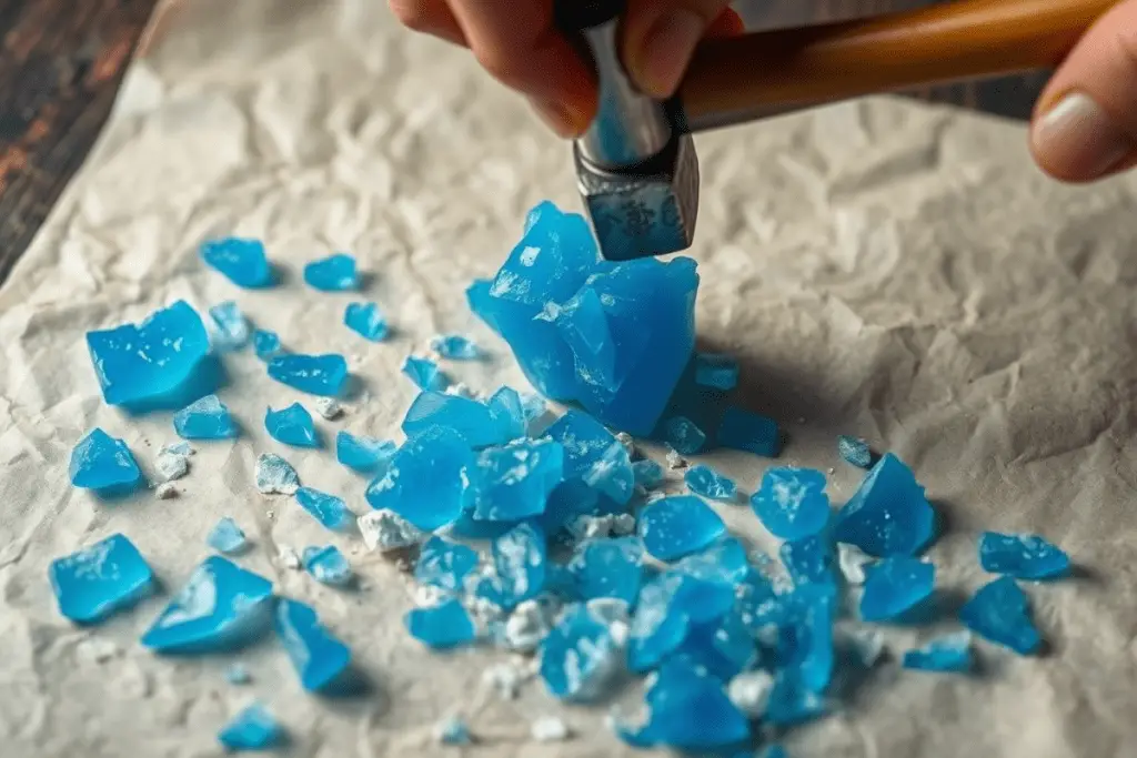 Bright blue rock candy being broken into jagged, crystal-like clusters with a small hammer on parchment paper.