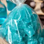 A bag of bright blue rock candy clusters, inspired by Breaking Bad, with jagged edges and a crystalline appearance.