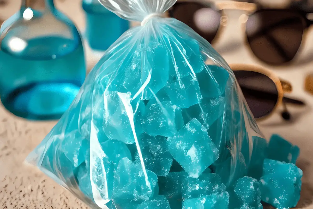 A bag of bright blue rock candy clusters, inspired by Breaking Bad, with jagged edges and a crystalline appearance.