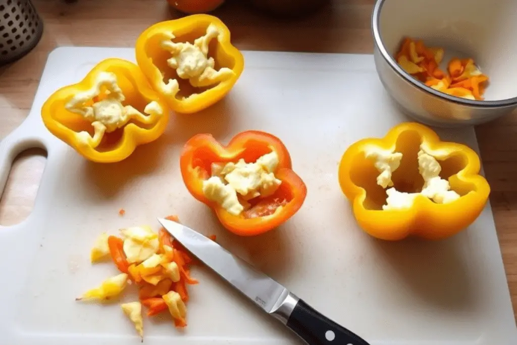 Fresh bell peppers sliced in half and cleaned, ready to be stuffed with buffalo chicken filling.