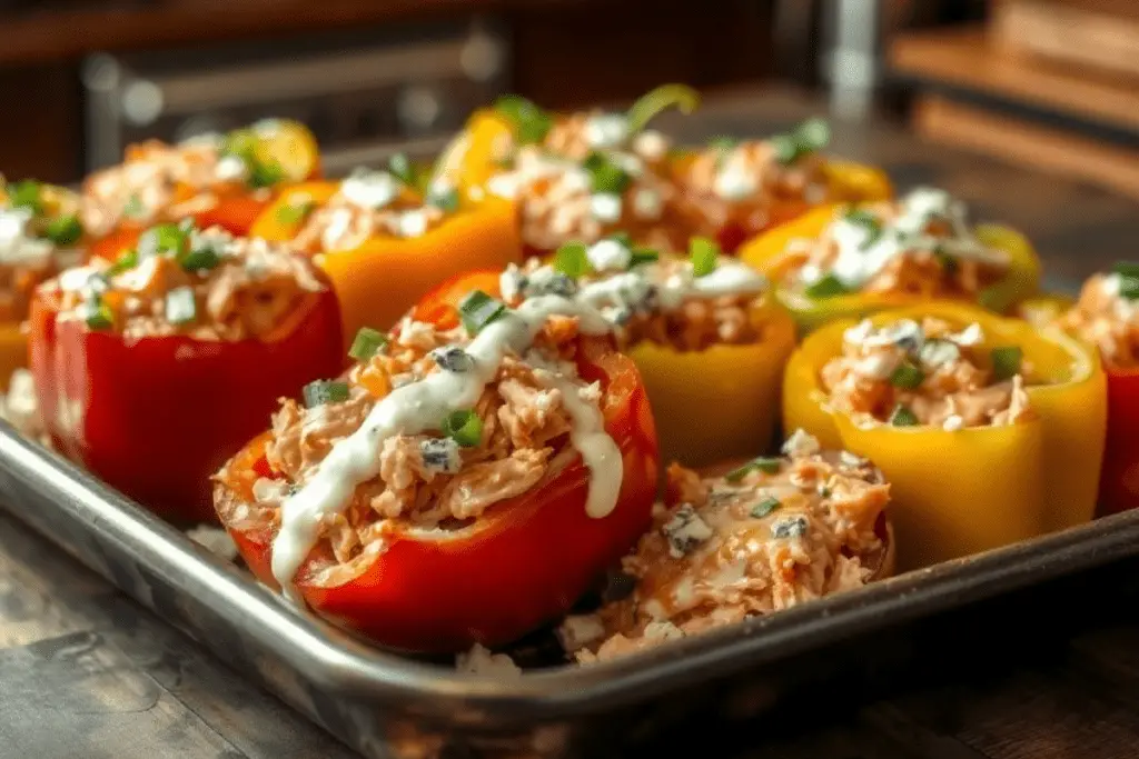 Buffalo chicken stuffed peppers filled with spicy shredded chicken and melted cheese, drizzled with ranch and topped with green onions. Served on a rustic wooden table with warm, inviting lighting.