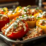 Buffalo chicken stuffed peppers filled with spicy shredded chicken and melted cheese, drizzled with ranch and topped with green onions. Served on a rustic wooden table with warm, inviting lighting.