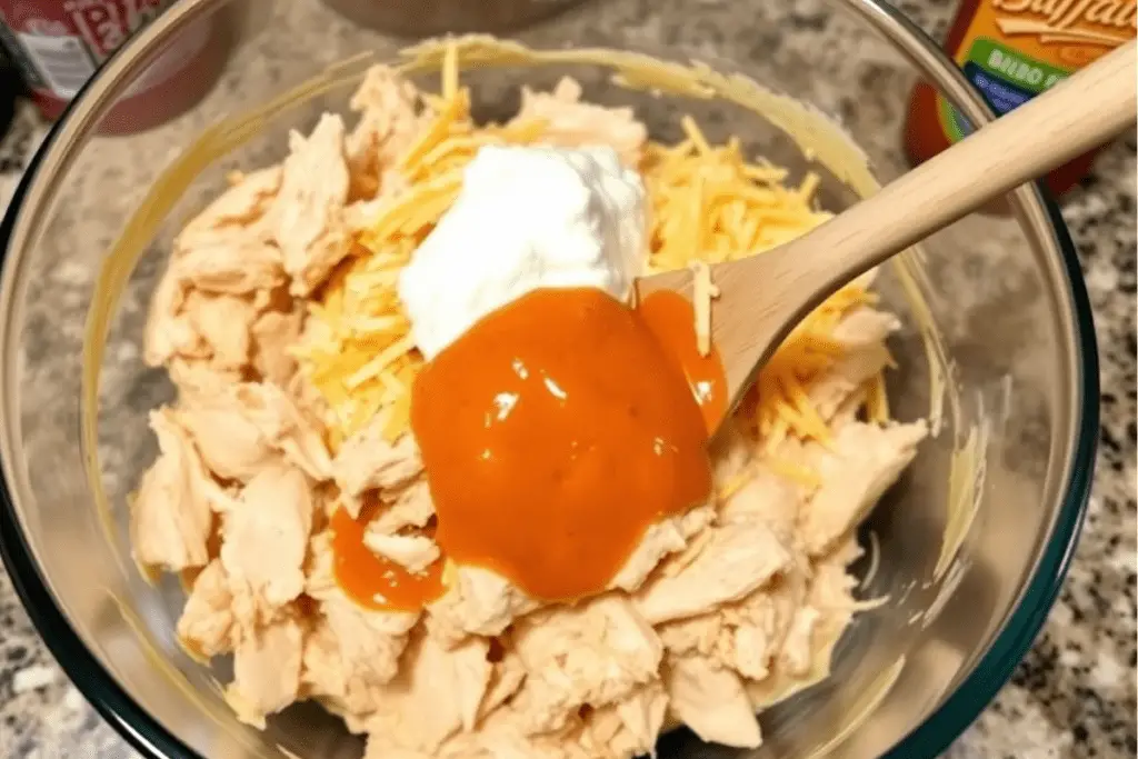 A mixing bowl with shredded chicken, cream cheese, buffalo sauce, and cheddar cheese being combined into a creamy filling.