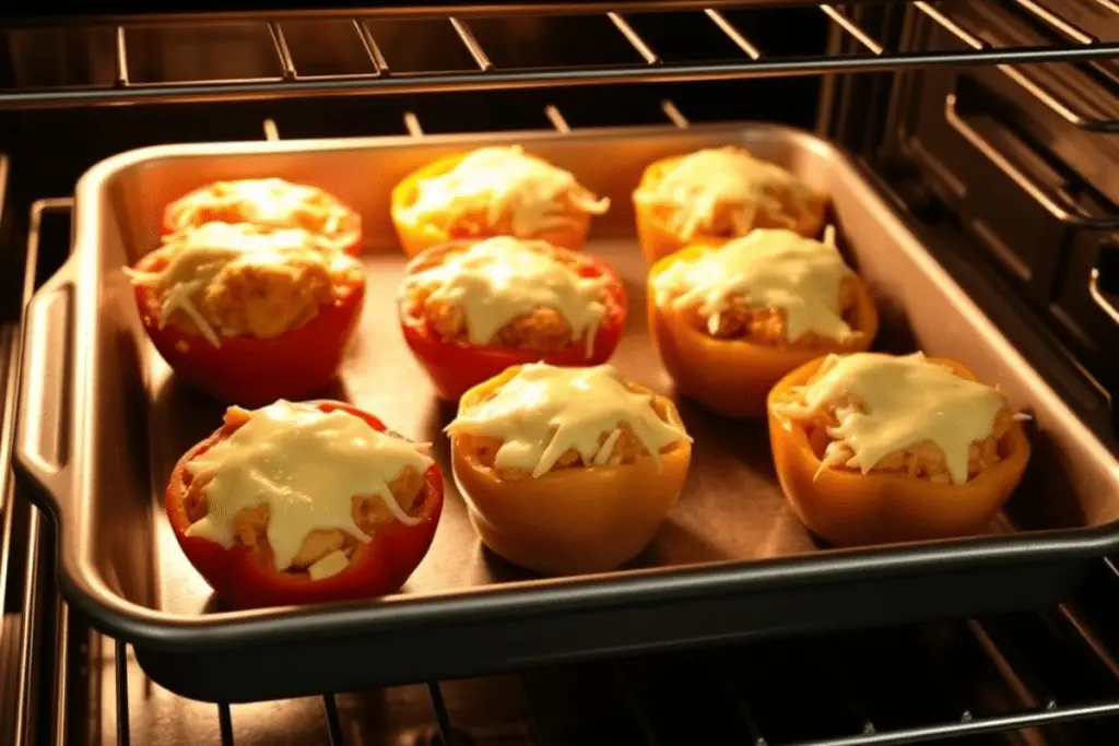 Buffalo chicken stuffed peppers baking in the oven, with melted cheese bubbling on top and edges slightly roasted.