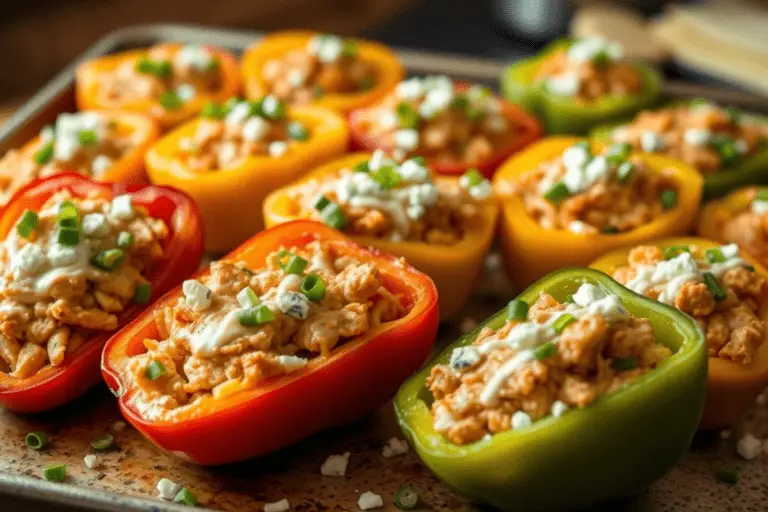 Buffalo chicken stuffed peppers with spicy shredded chicken, melted cheese, and a drizzle of ranch, garnished with green onions. Served on a rustic baking sheet with warm, inviting lighting.