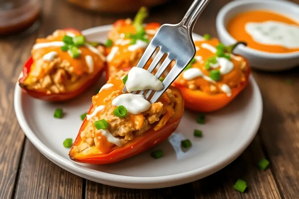 A plate of buffalo chicken stuffed peppers topped with green onions and ranch dressing, served with extra buffalo sauce on a rustic table.