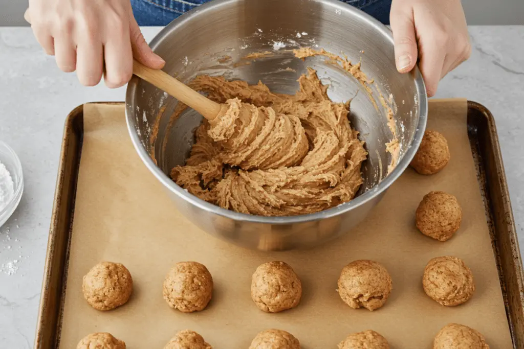 A bowl of cinnamon cookie dough being mixed, with dough balls placed on a baking sheet, ready to become the base of the churro cheesecake cookies.