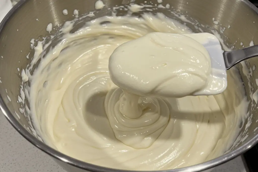 A smooth and creamy cheesecake filling being mixed, ready to be added to the churro cheesecake cookies for a rich, indulgent center